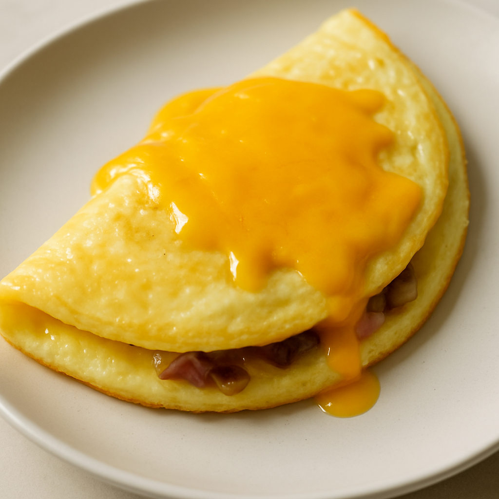 French Omelette with Ham, Caramelized Onions, and Cheddar