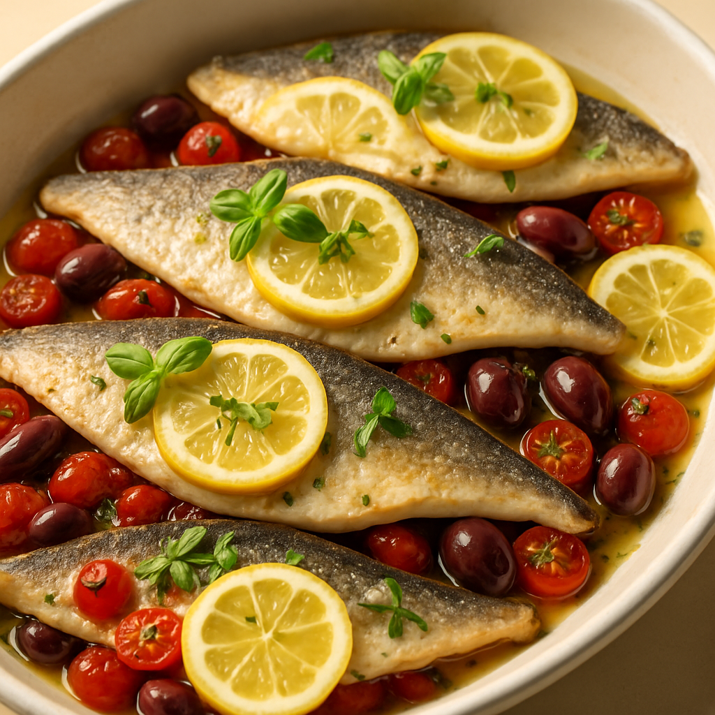 Mediterranean Baked Branzino with Lemon, Olives & Tomatoes