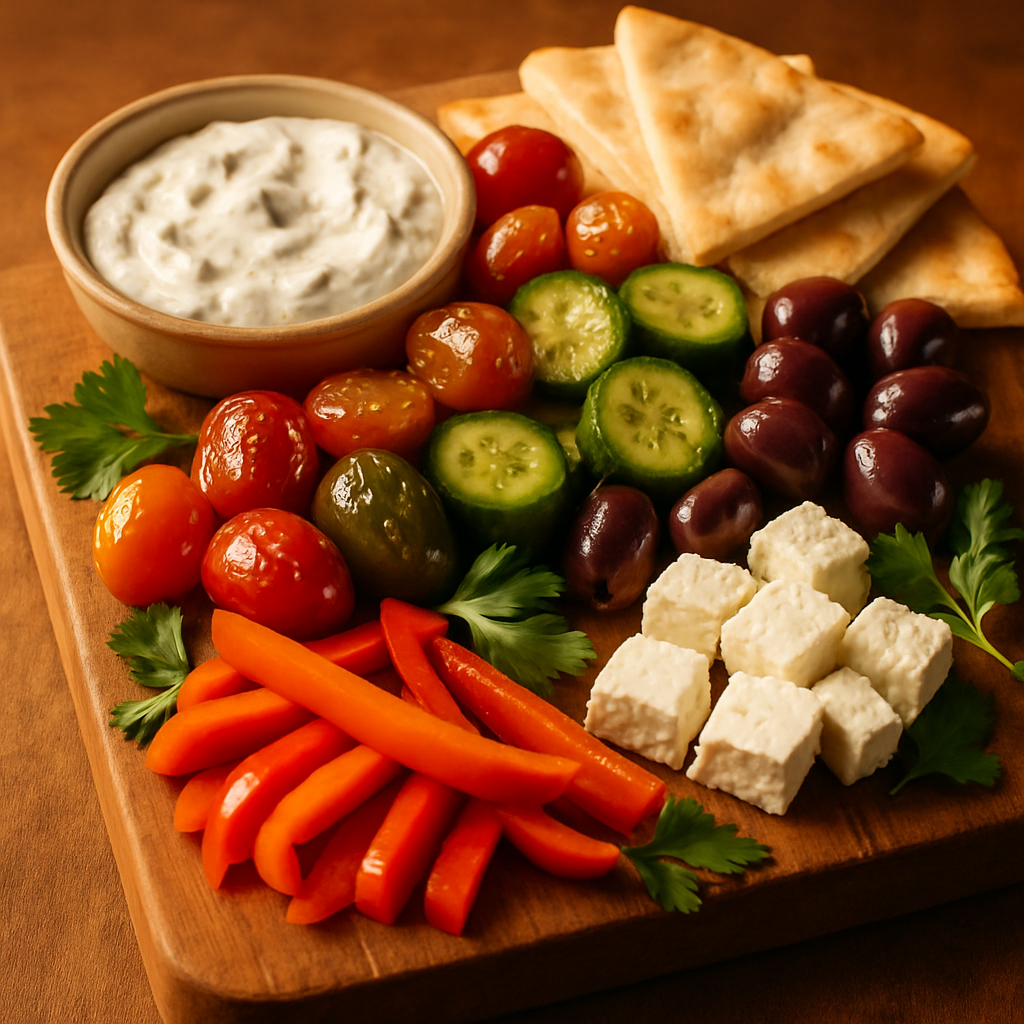 Mediterranean Mezze Platter with Tzatziki & Marinated Vegetables