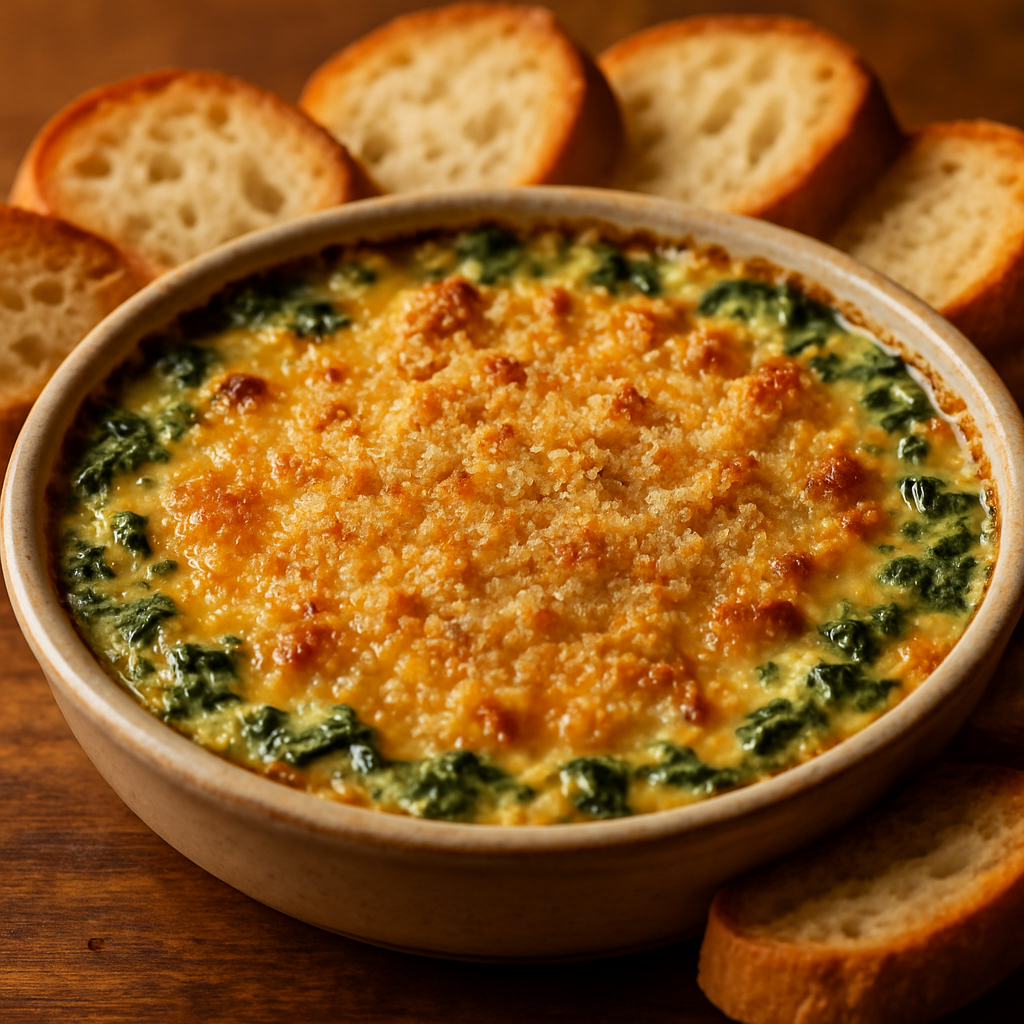 Baked Spinach-Artichoke Dip with Crispy Bread