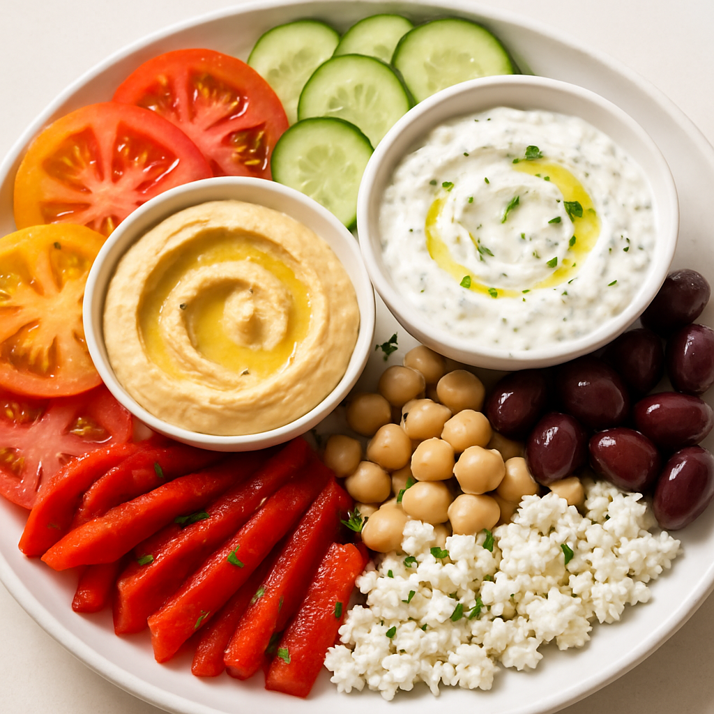 Mediterranean Mezze Platter with Homemade Hummus and Tzatziki