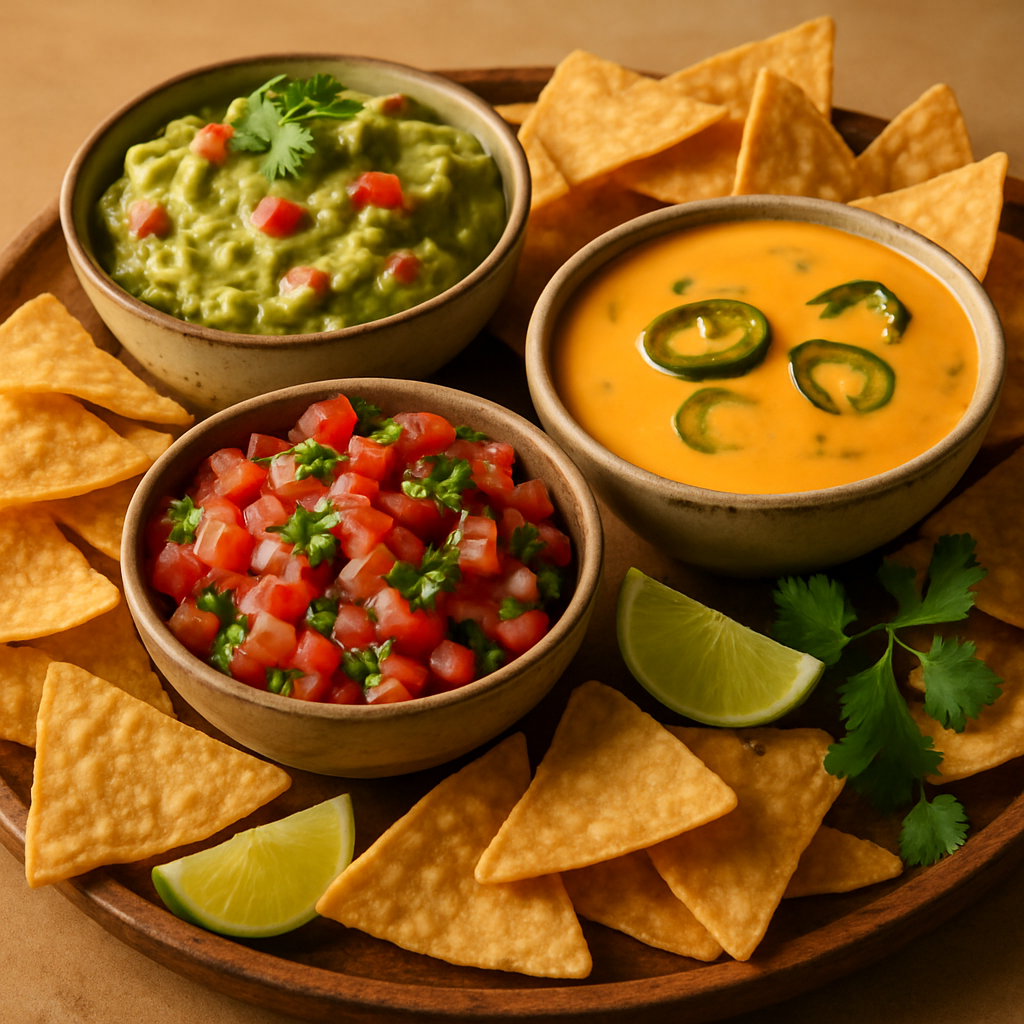 Fresh Mexican Appetizer Platter with Guacamole, Queso Fundido & Salsas