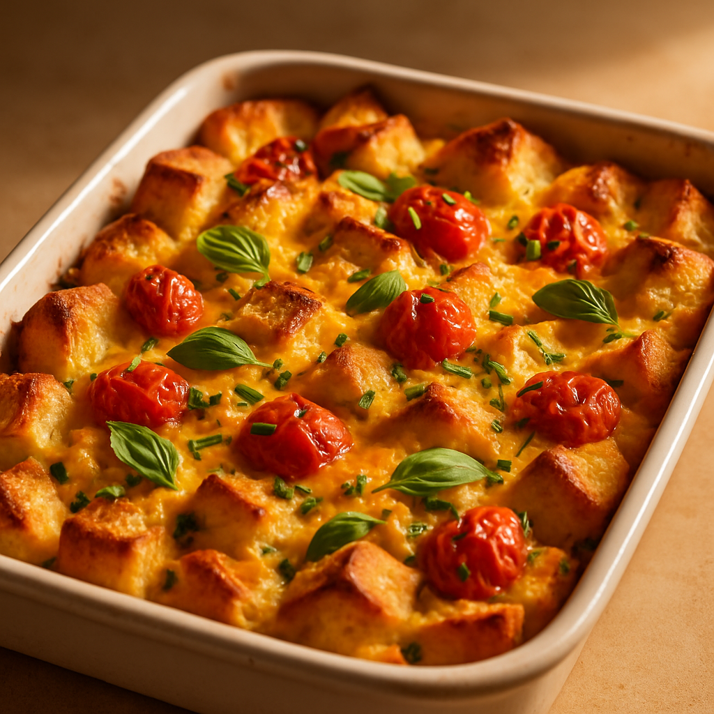 Cheddar and Herb Breakfast Strata with Roasted Tomatoes