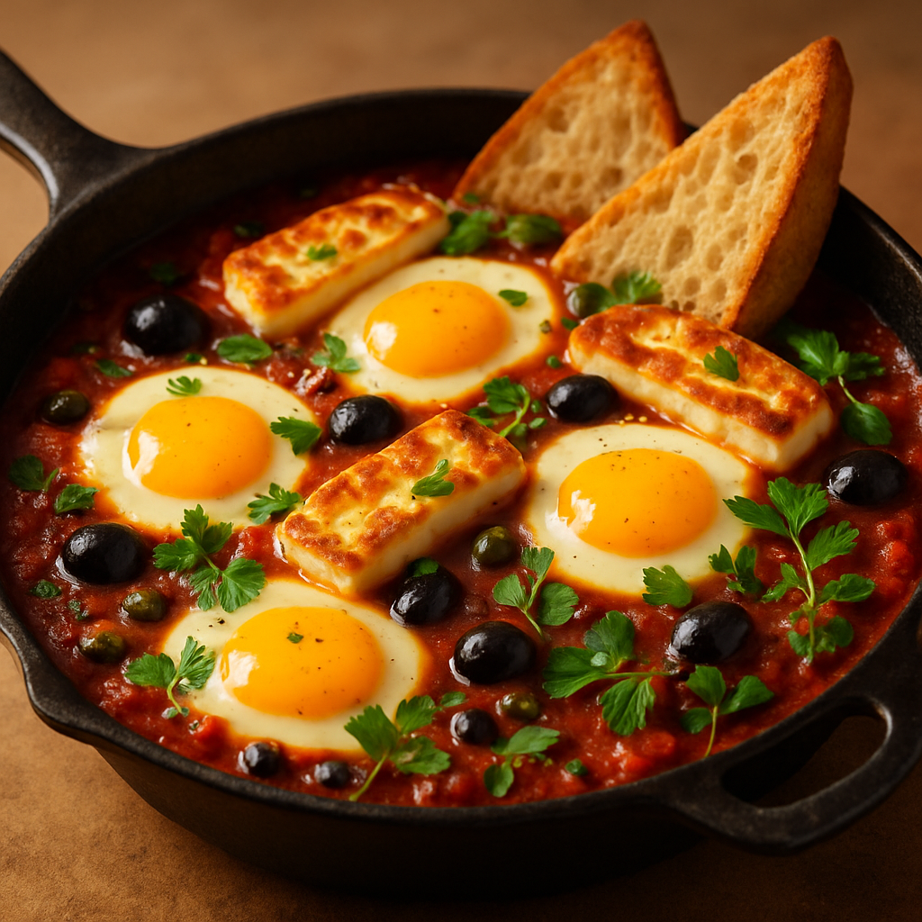 Baked Eggs in Tomato and Olive Sauce with Halloumi
