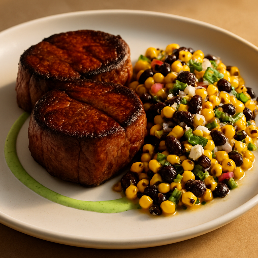 Grilled Beef Tenderloin with Coffee-Chipotle Rub and Charred Corn Salad