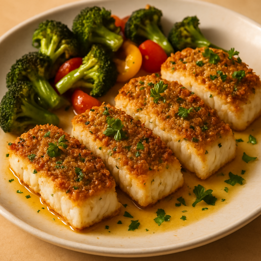 Herb-Crusted Baked Cod with Garlic Butter and Roasted Vegetables