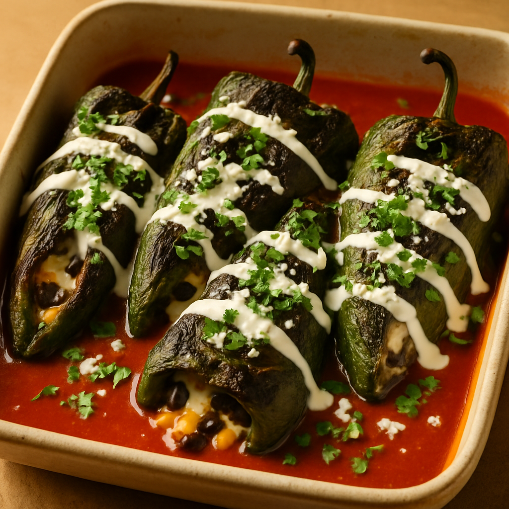 Baked Stuffed Poblano Peppers with Cheese and Black Bean Filling