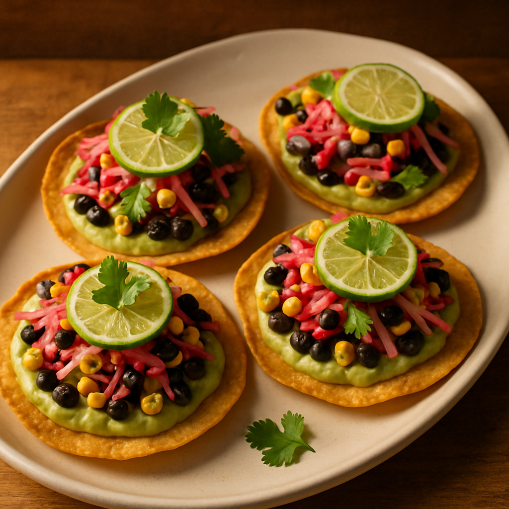 Charred Corn & Black Bean Tostadas with Poblano Crema and Lime Radish Slaw