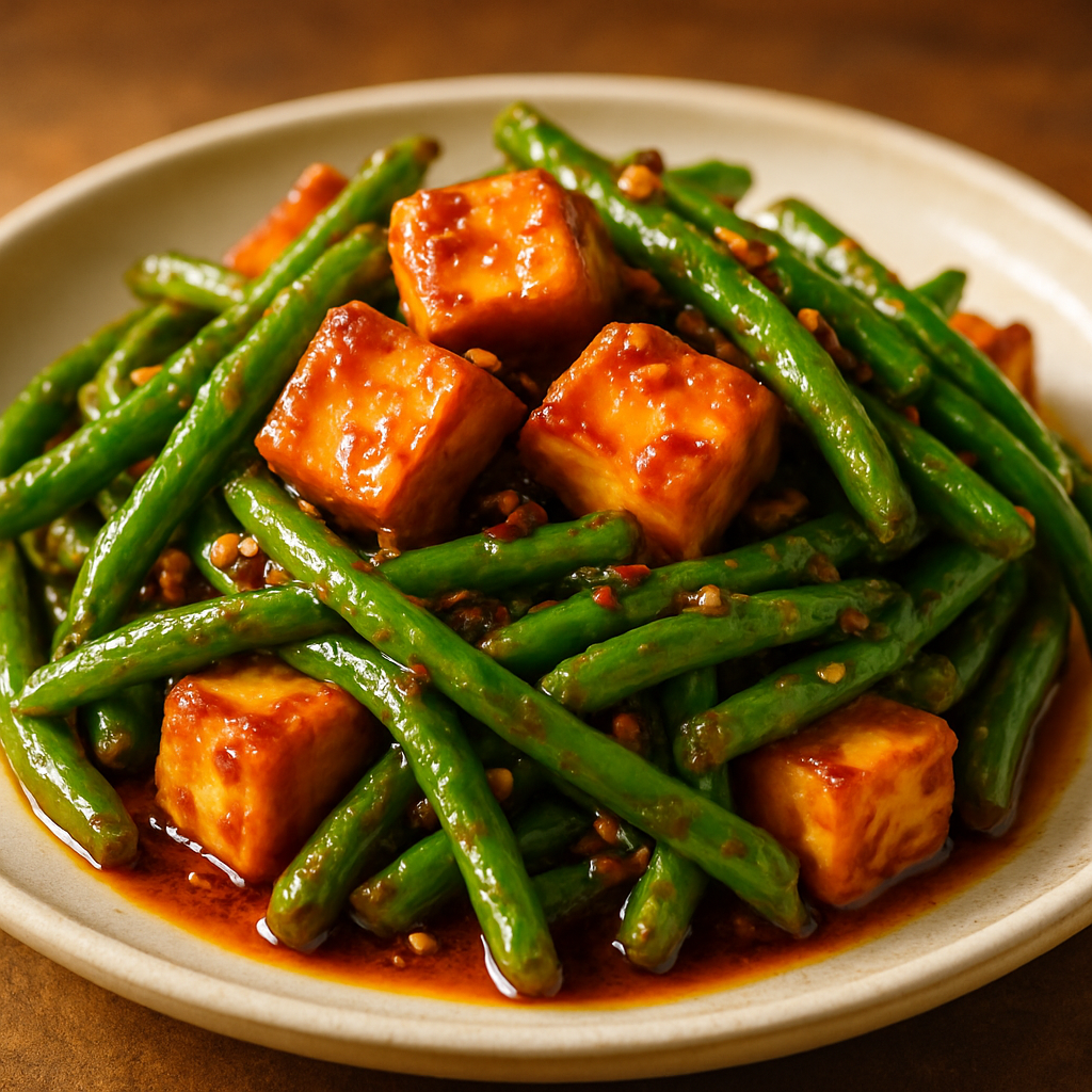 Vegetarian Garlic and Chili Green Beans with Crispy Tofu