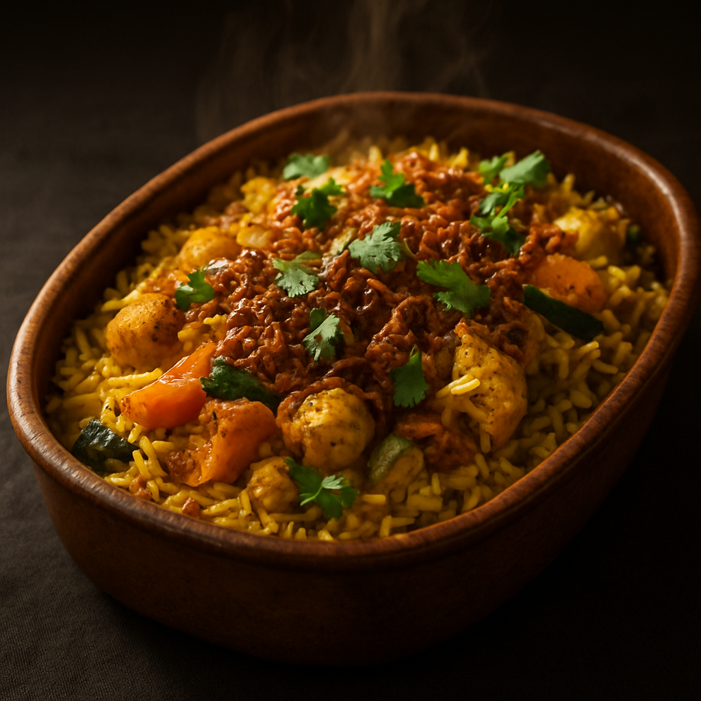 Tandoori Vegetable Biryani with Crispy Rice Topping