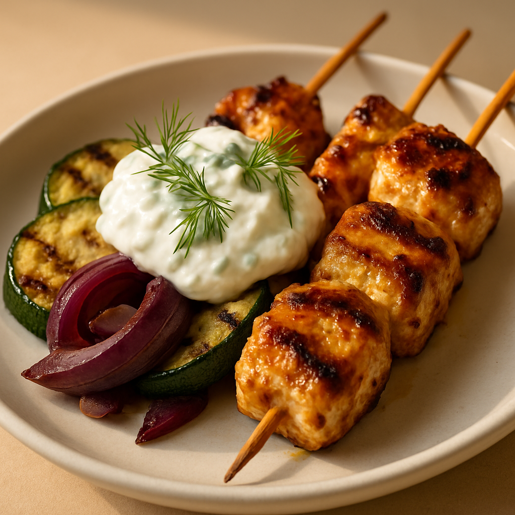Grilled Chicken Souvlaki with Tzatziki and Charred Vegetables