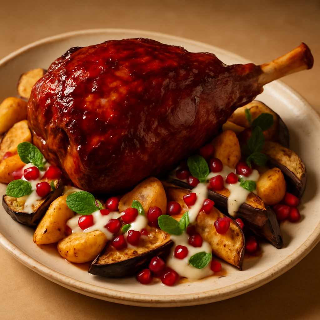 Pomegranate-Glazed Roast Lamb with Charred Eggplant and Tahini