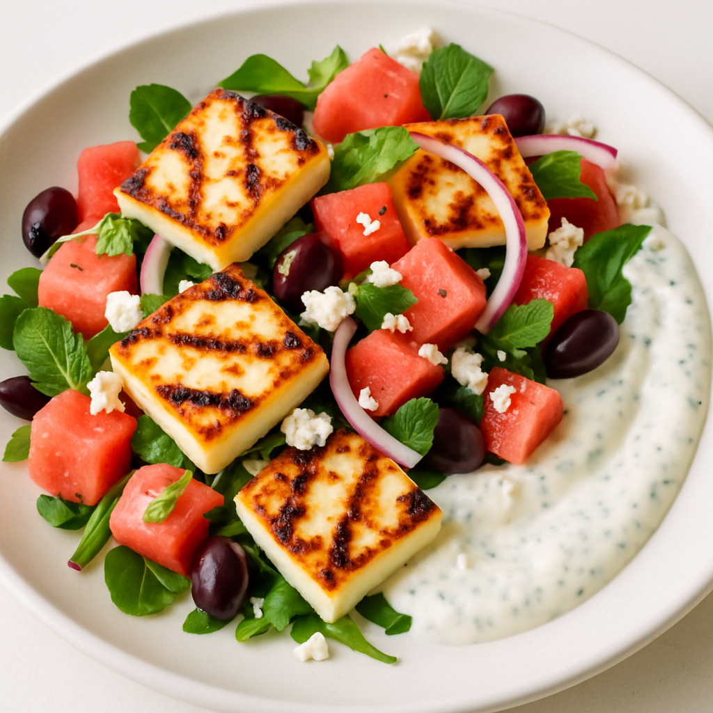 Crispy Halloumi & Watermelon Salad with Tzatziki Drizzle