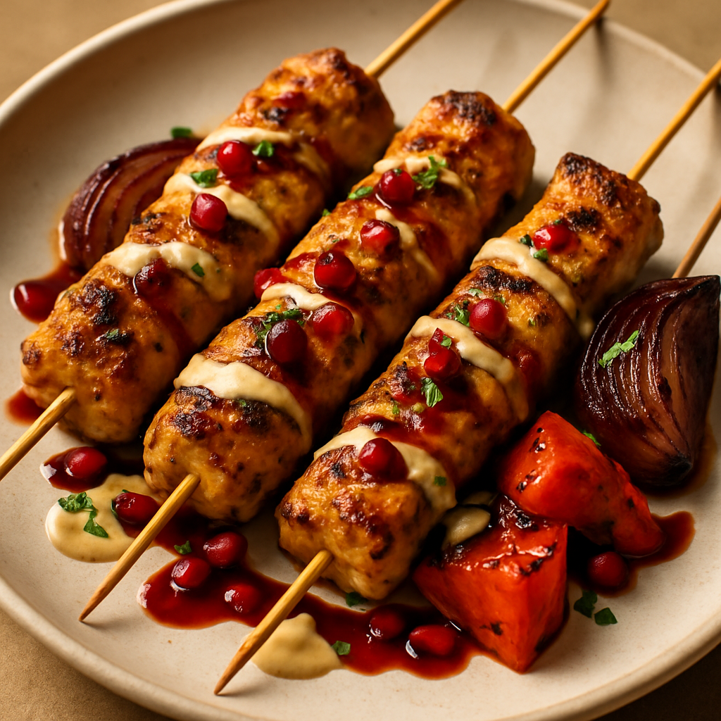 Sumac & Pomegranate Grilled Chicken Kabobs with Tahini Drizzle