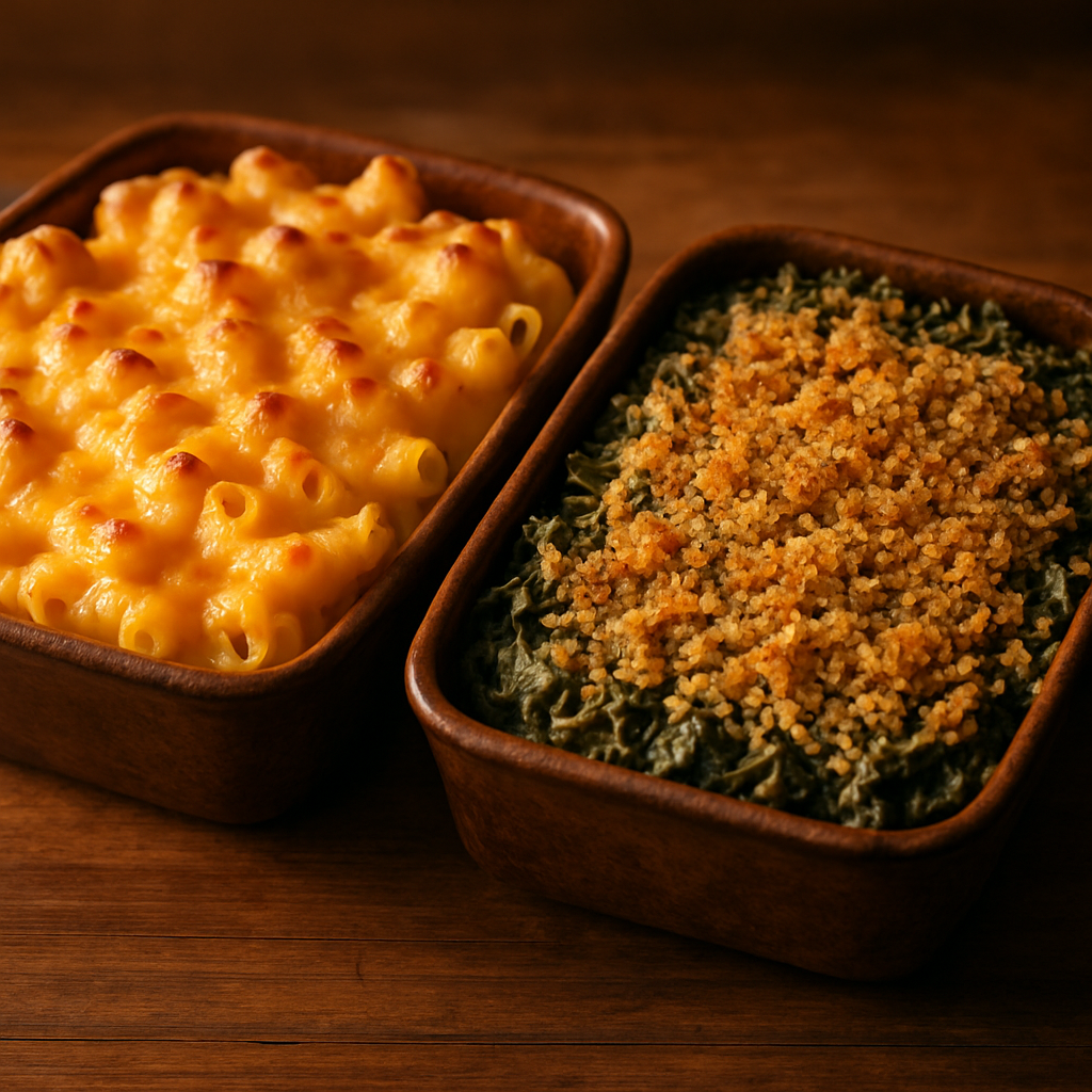 Southern Baked Mac and Cheese with Collard Greens Casserole