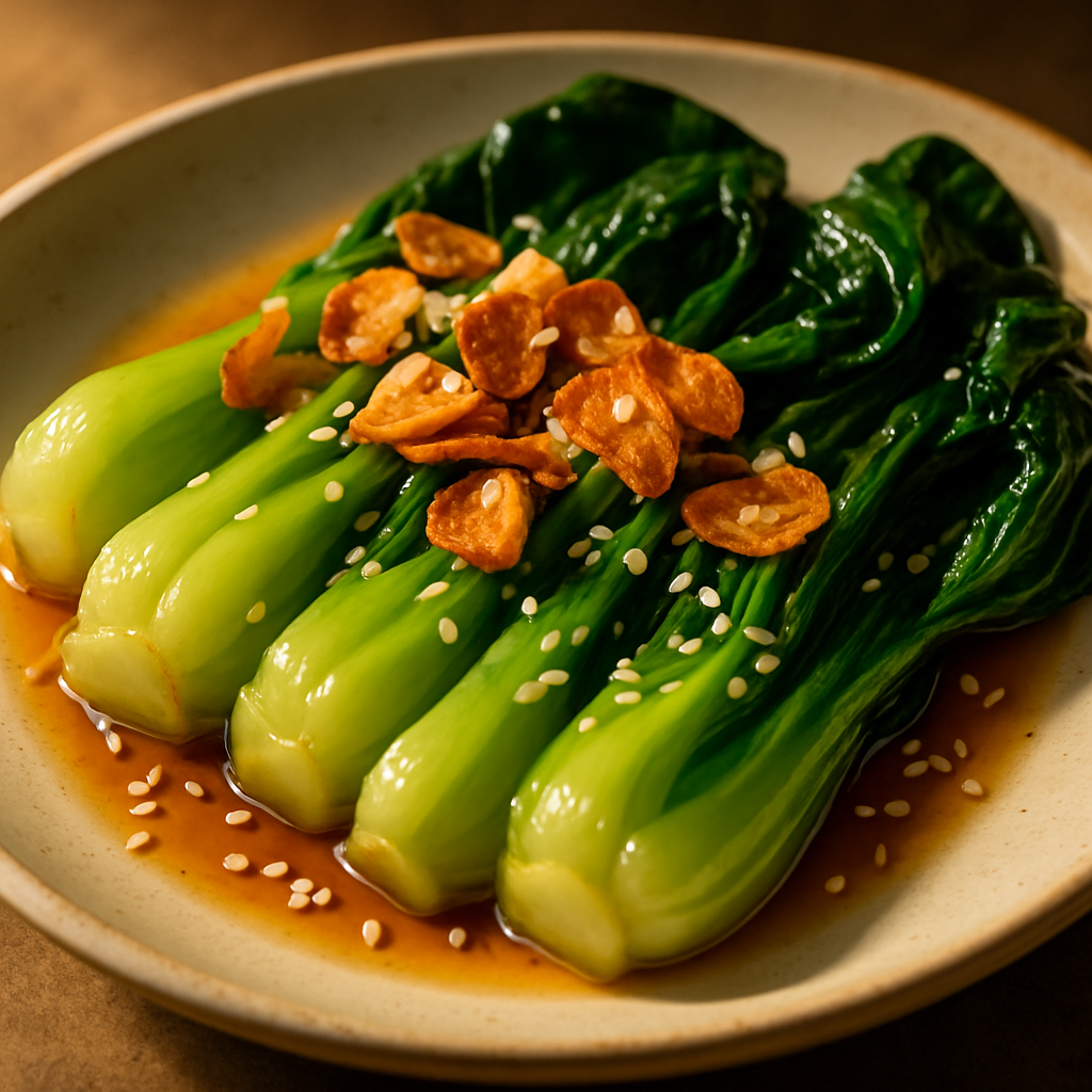 Sesame-Ginger Stir-Fried Bok Choy with Crispy Garlic