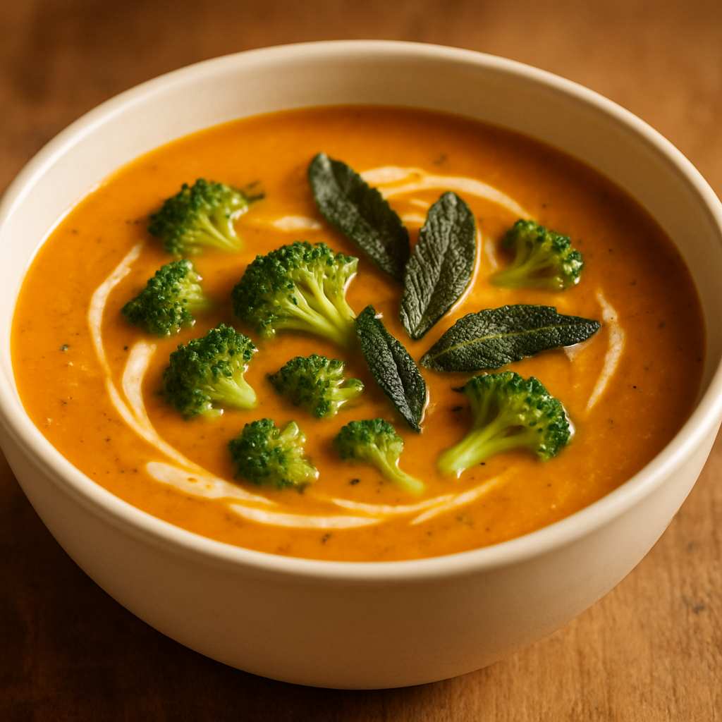 Roasted Butternut Squash & Broccoli Soup with Sharp Cheddar