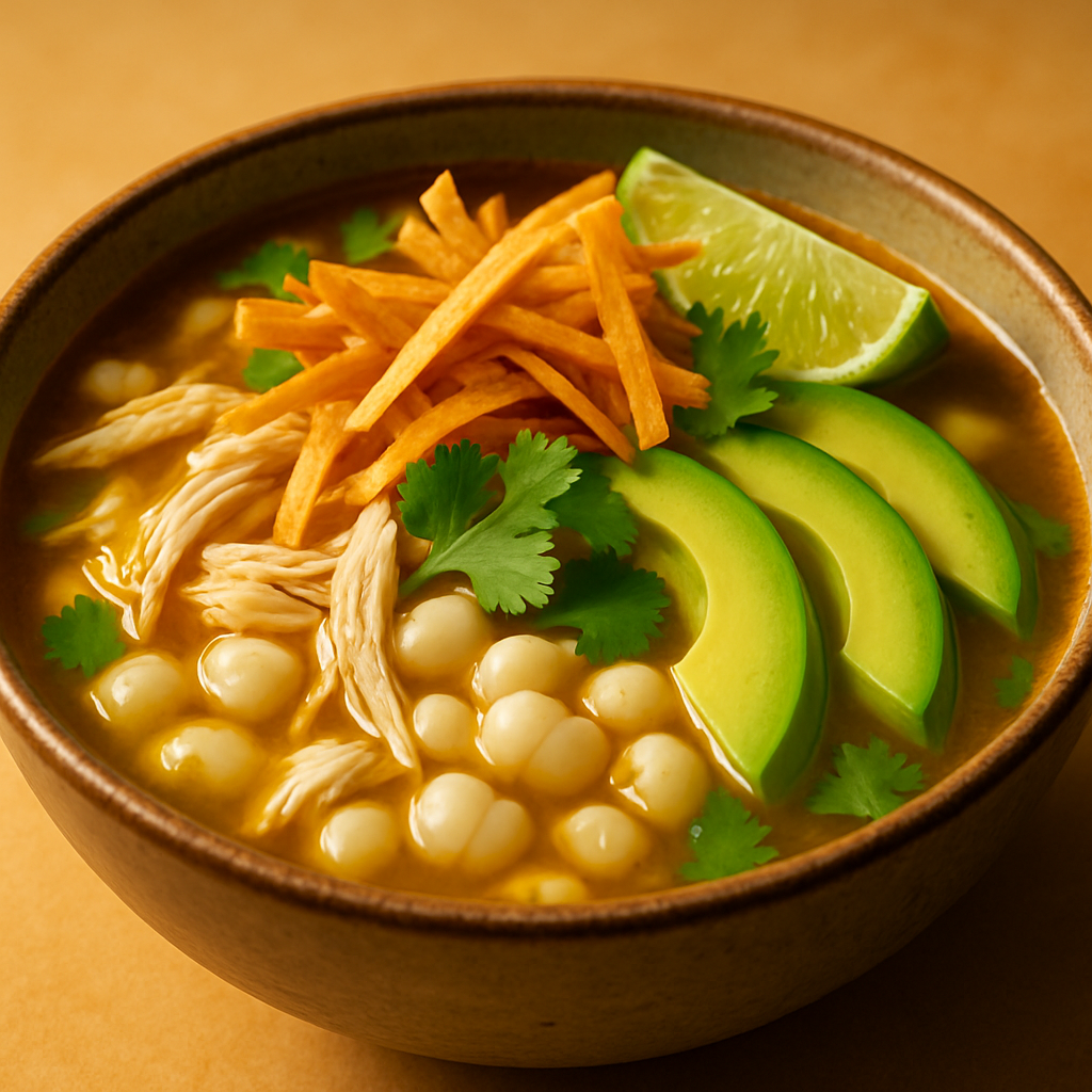 Spiced Chicken and Hominy Soup with Crispy Tortilla Strips