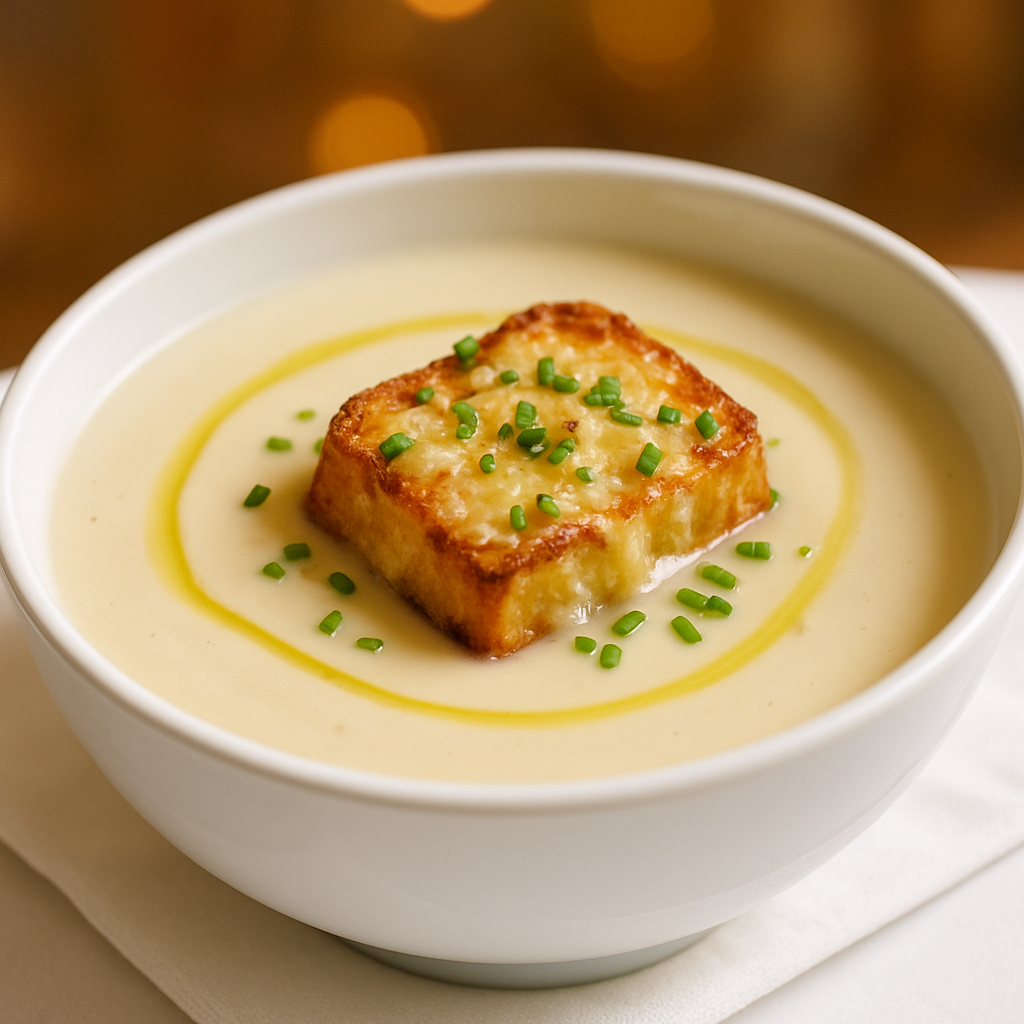 Creamy Potato and Leek Soup with Gruyère Croutons