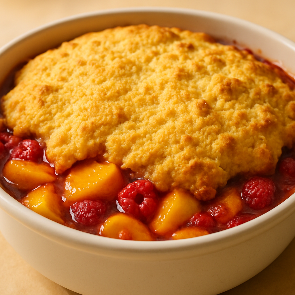 Peach and Raspberry Cobbler with Cornmeal Biscuit Topping