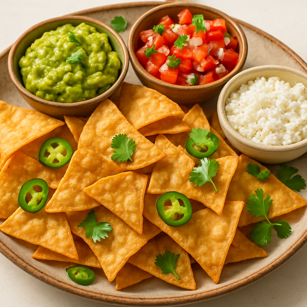 Crispy Tortilla Chips with Chunky Guacamole, Pico de Gallo & Cotija