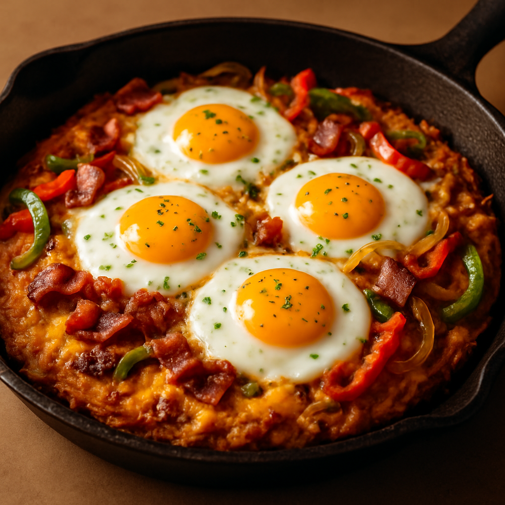 Crispy Hash Brown Breakfast Skillet with Eggs and Bacon