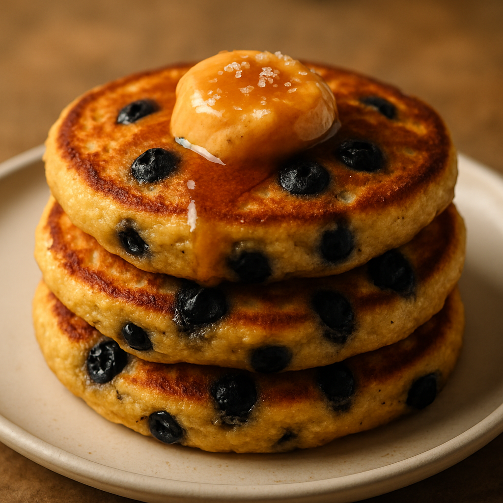 Cornmeal Blueberry Griddle Cakes with Maple Bourbon Butter