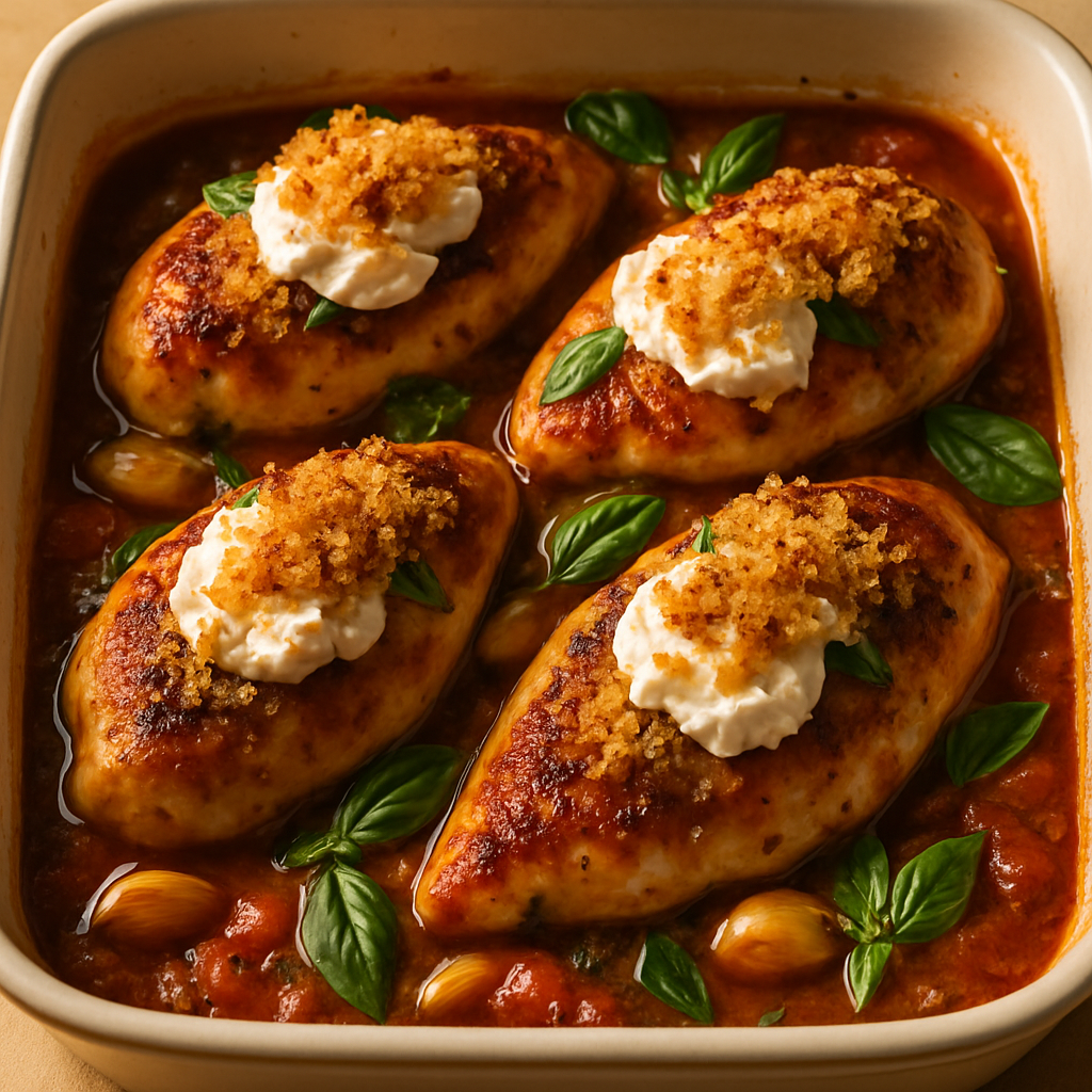 Baked Chicken with Roasted Garlic and Herb Tomato Sauce