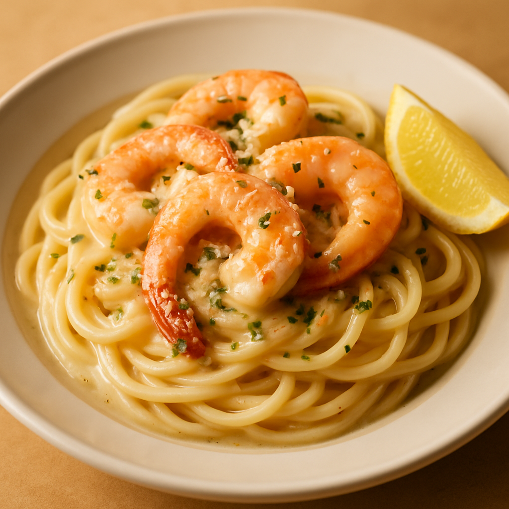 Pan-Seared Shrimp with White Wine Garlic Sauce and Linguine