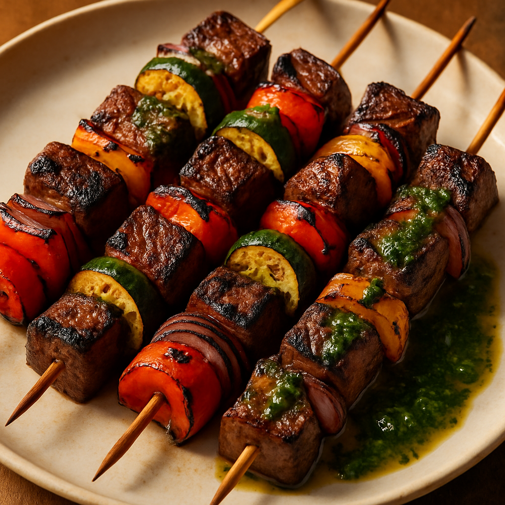 Grilled Beef Skewers with Charred Vegetable Medley and Chimichurri