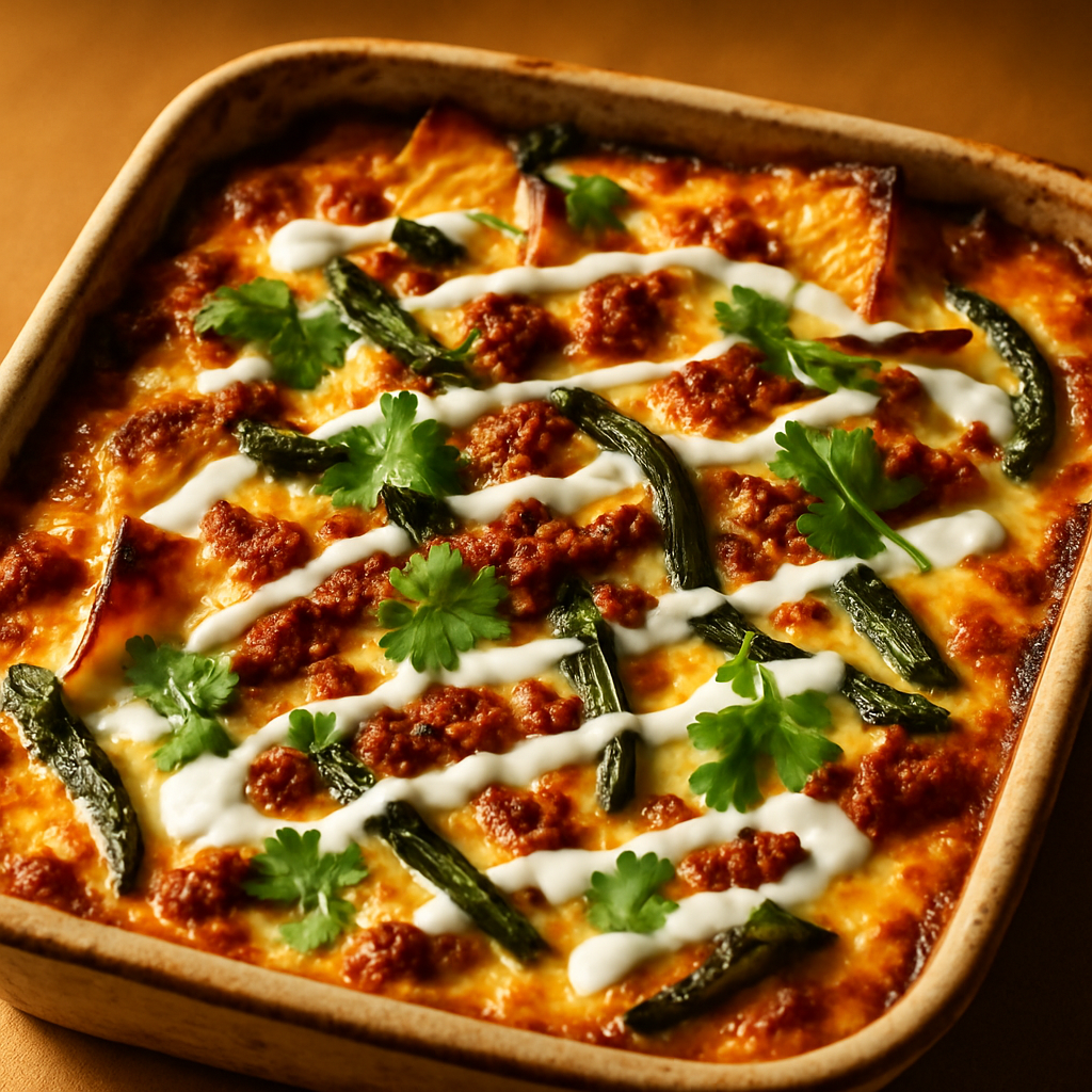 Chorizo & Poblano Tortilla Casserole with Melted Cheese