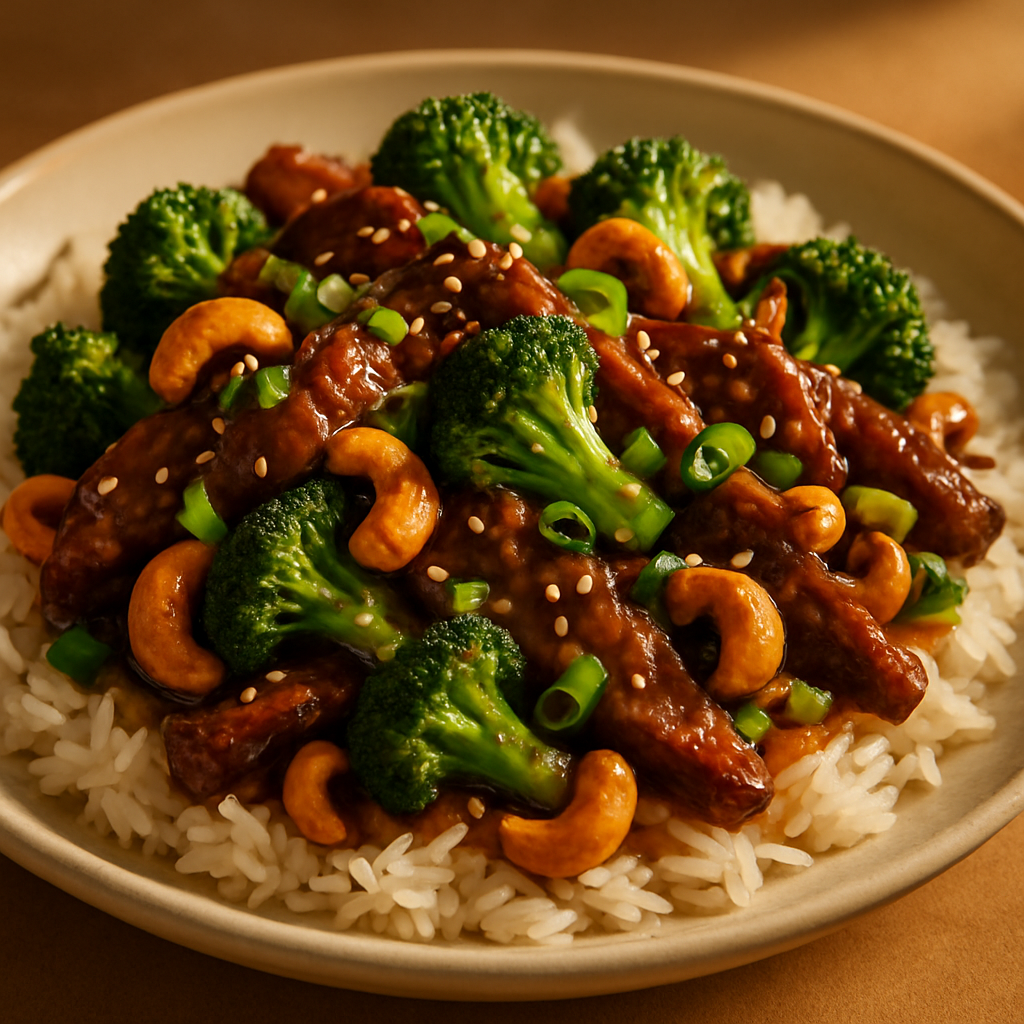 Soy-Ginger Beef with Crispy Broccoli and Cashews