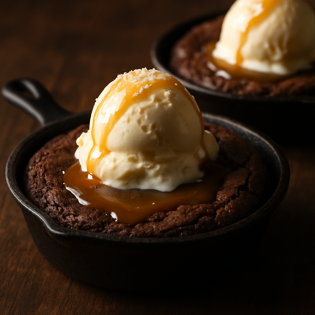 Gluten-Free Salted Caramel Brownie Skillet with Vanilla Ice Cream