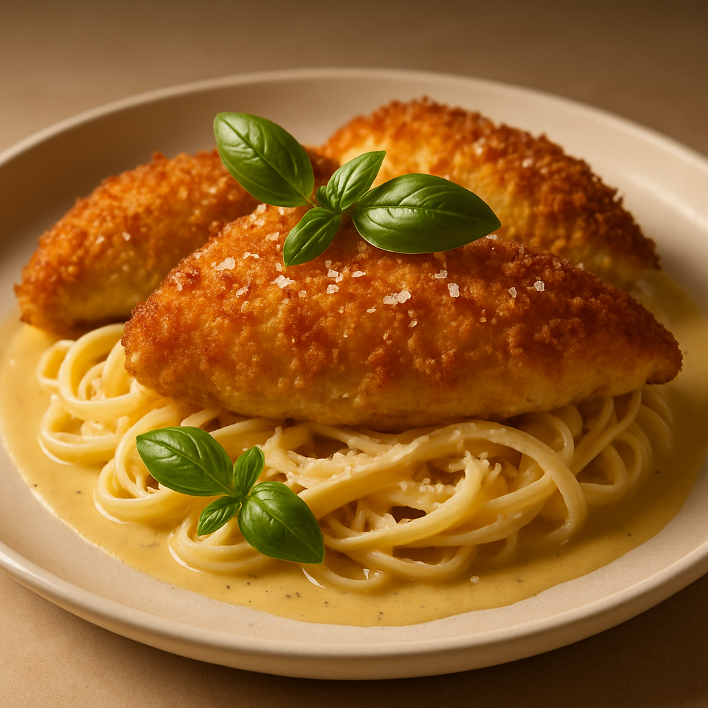 Baked Chicken Milanese with Crispy Breadcrumb Crust and Creamy Pasta