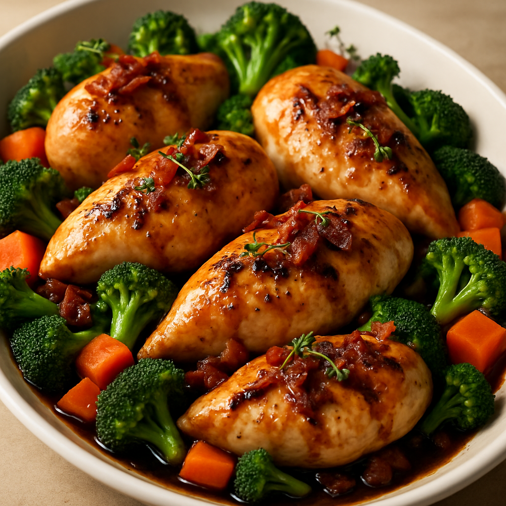 Sheet Pan Chicken with Roasted Broccoli, Carrots, and Crispy Bacon