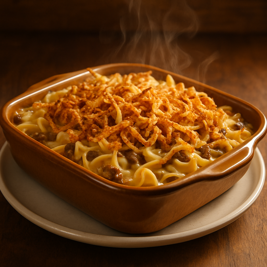Ground Beef and Egg Noodle Skillet Casserole with Crispy Onion Topping