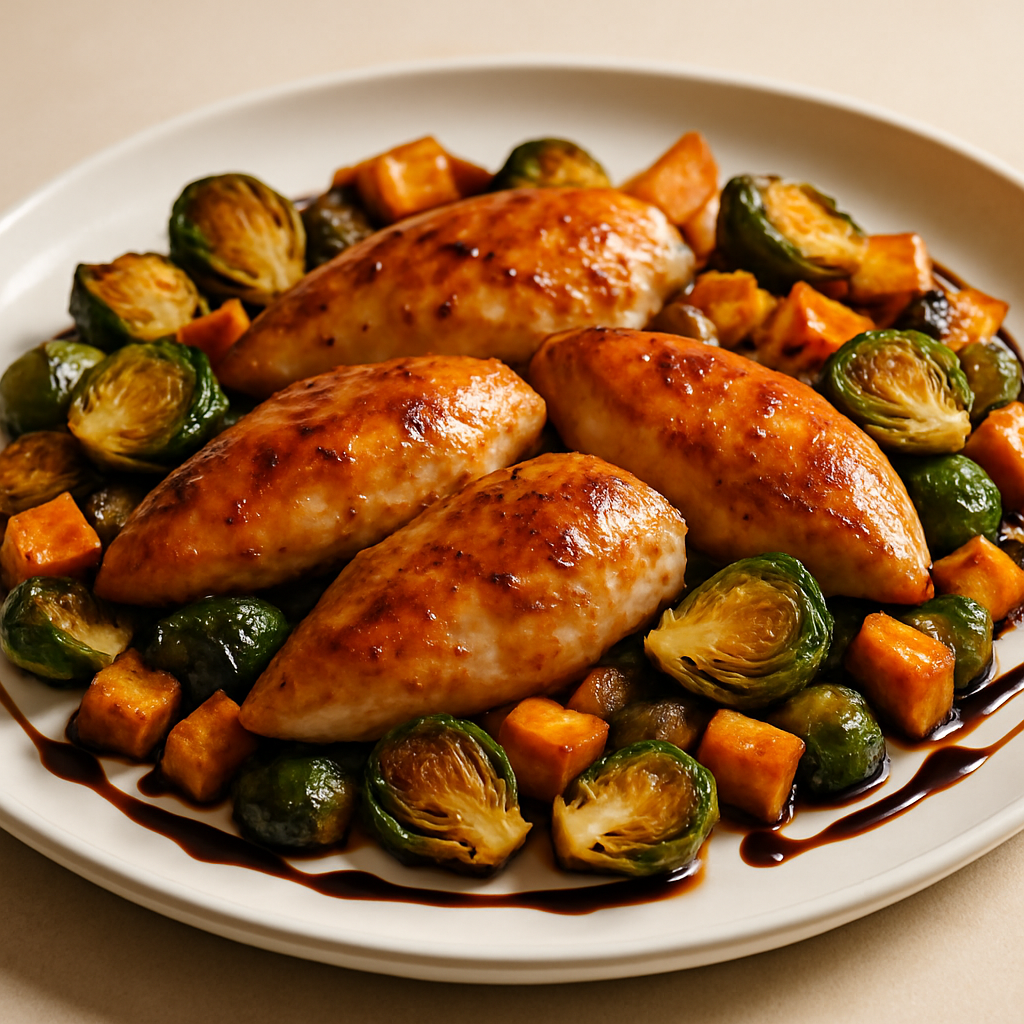 Sheet Pan Chicken with Roasted Brussels Sprouts, Sweet Potatoes, and Balsamic Glaze