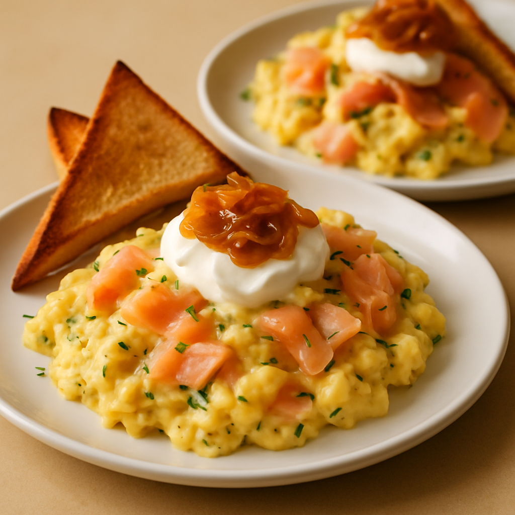 Smoked Salmon and Dill Scrambled Eggs with Caramelized Onions