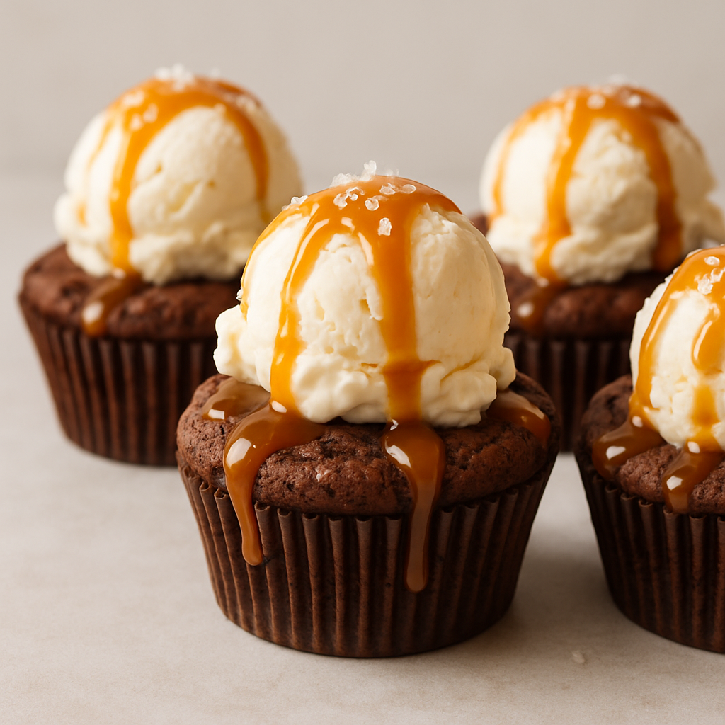 Gluten-Free Salted Caramel Brownie Cupcakes with Vanilla Ice Cream