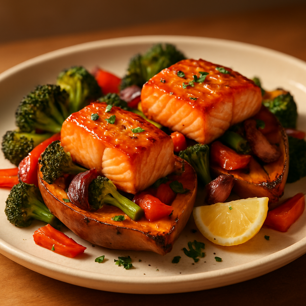 Sweet Potato with Roasted Salmon and Vegetable Mix