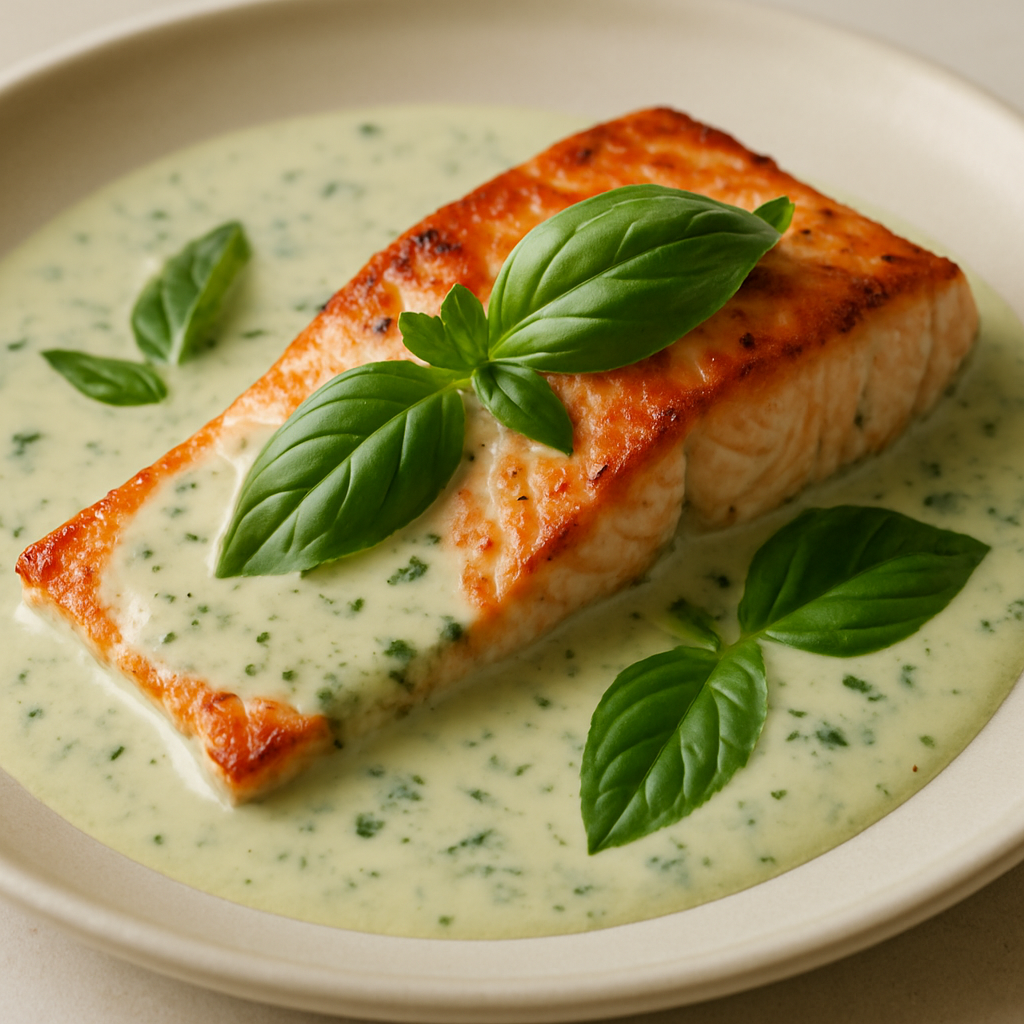 Pan-Seared Sockeye Salmon with Basil Cream and Sun-Dried Tomatoes